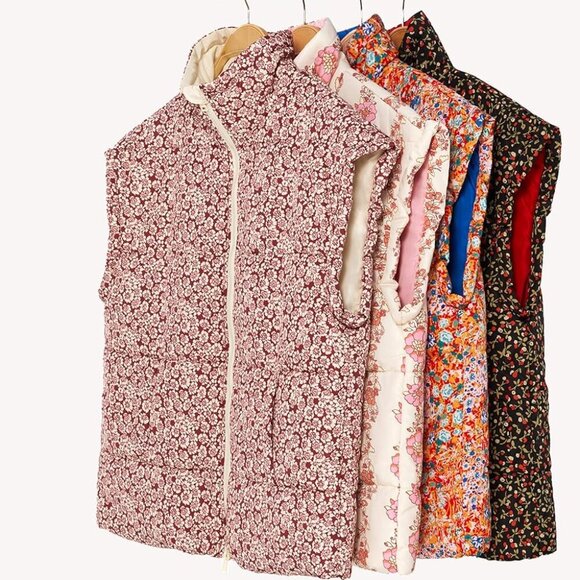 Womens Floral Oversized Puffer Vest Cap Sleeve Winter Warm Puffy Quilted Jackets - Picture 5 of 5